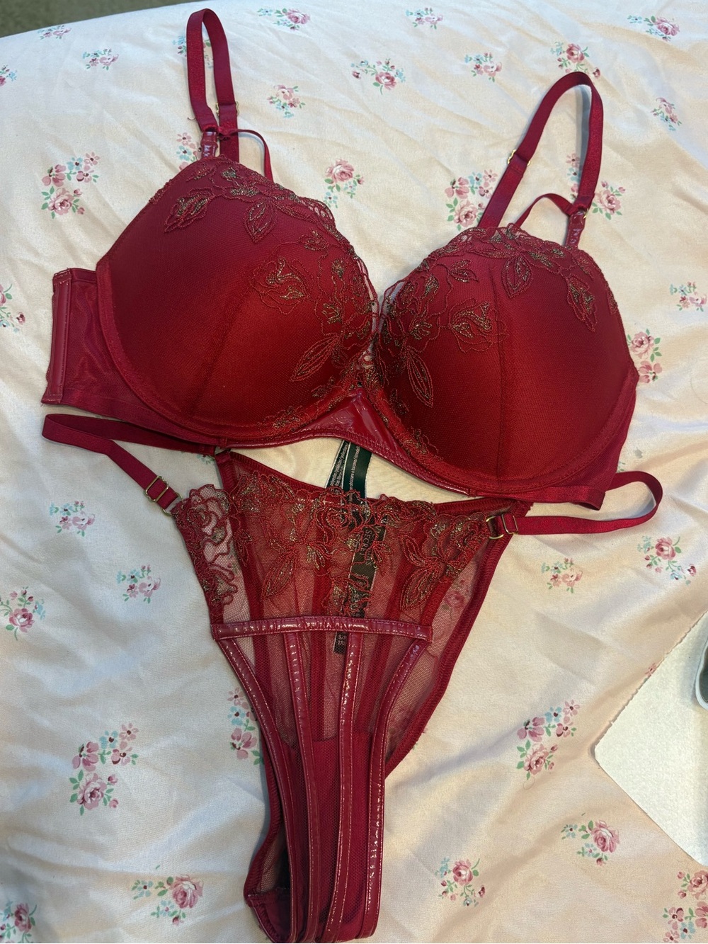Victoria's Secret Burgundy Lace Embroidered Push-Up Bra and Strappy Thong Set